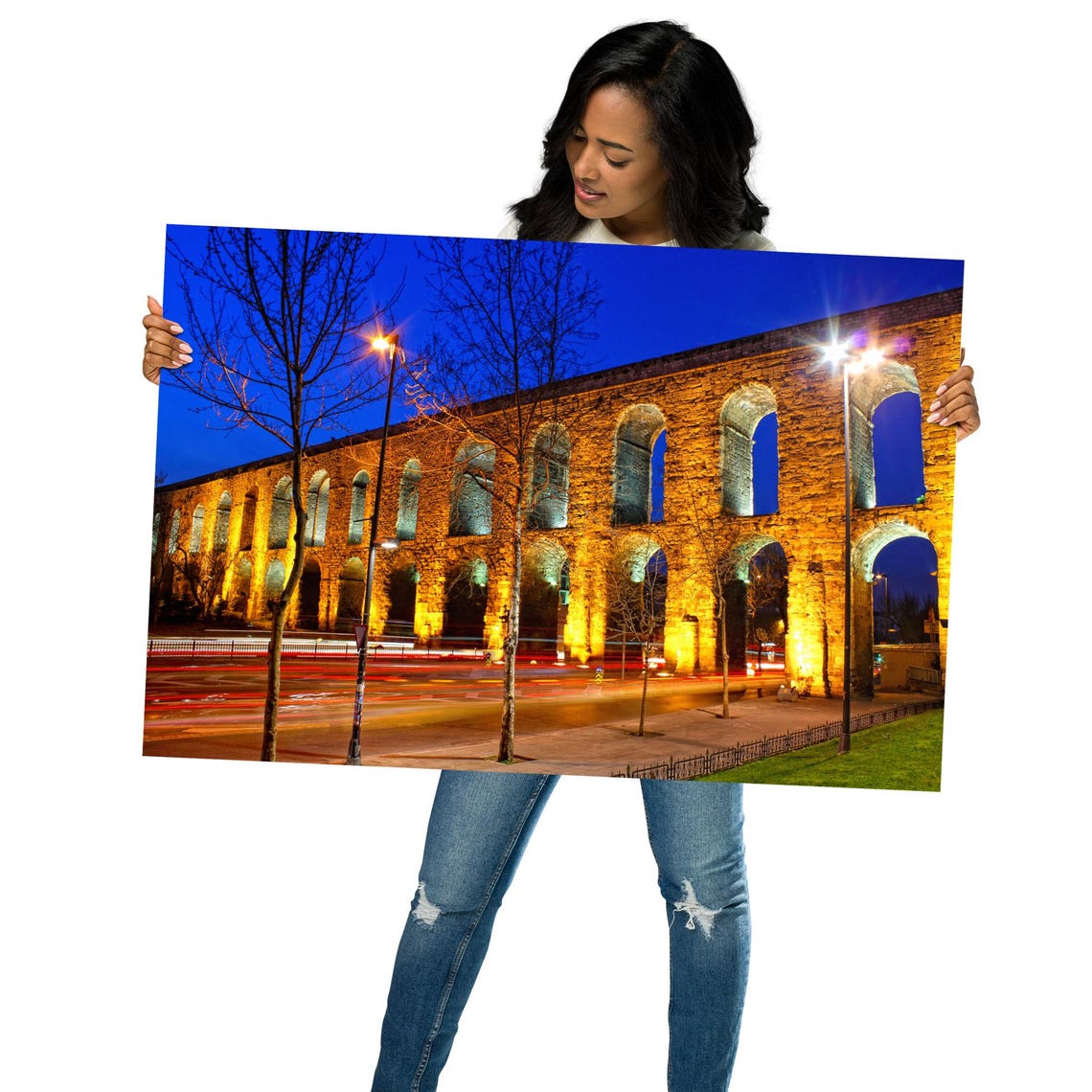 Real Photo Istanbul Aqueduct Print Valens Twilight Cityscape Wall Art