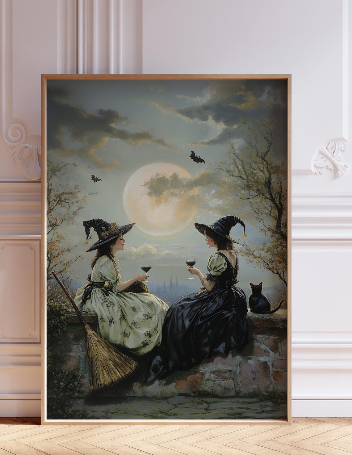 Two Witches Toasting Wine Under Full Moon Black Cat Vintage Poster - Image 2
