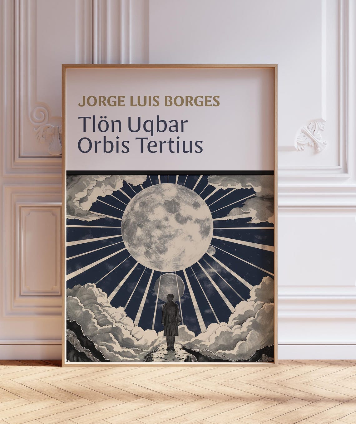 Borges Tlon Uqbar Orbis Tertius Surreal Moon Rays Literary Poster