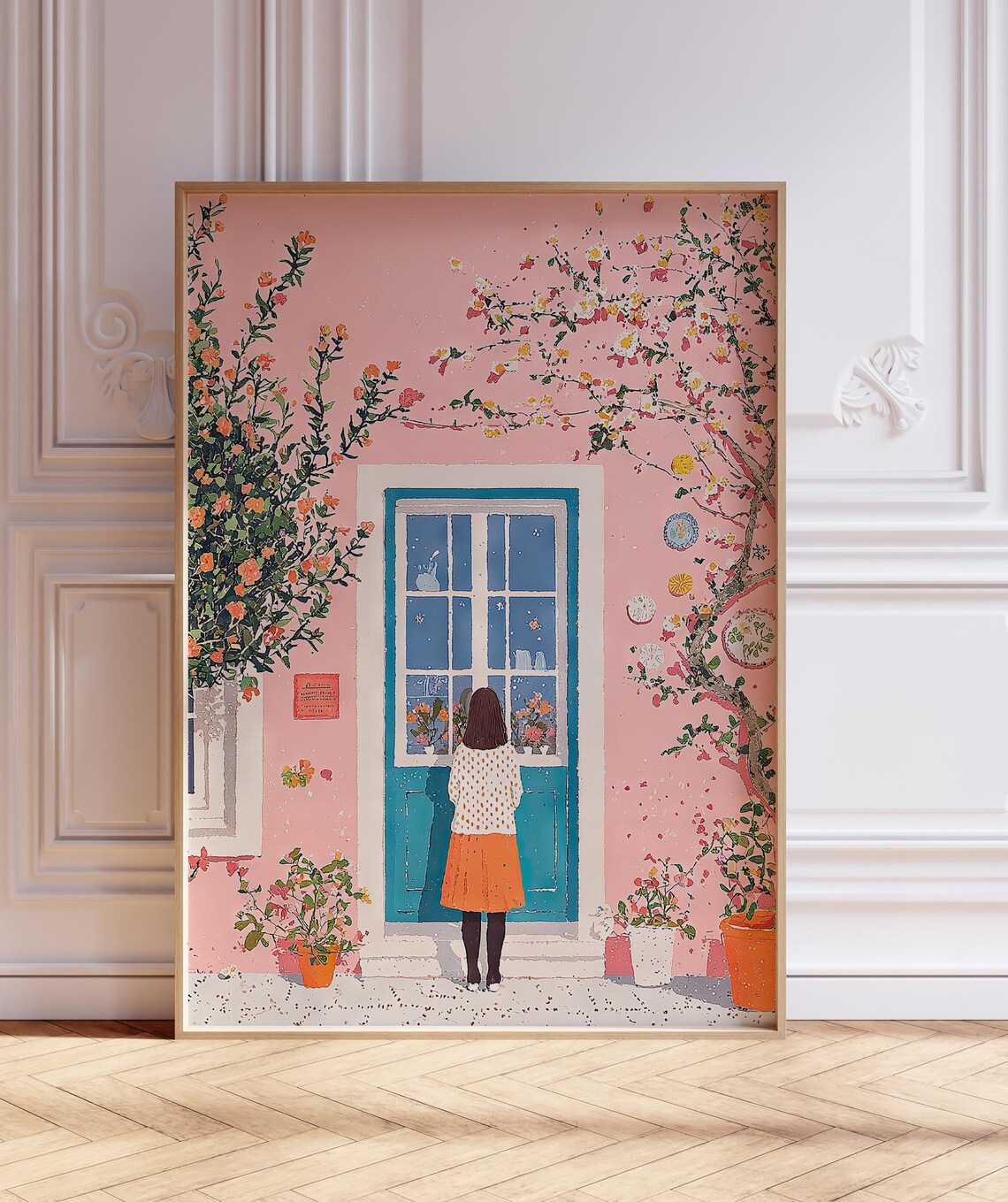 Pink House with Girl at Blue Door Floral Illustration Poster