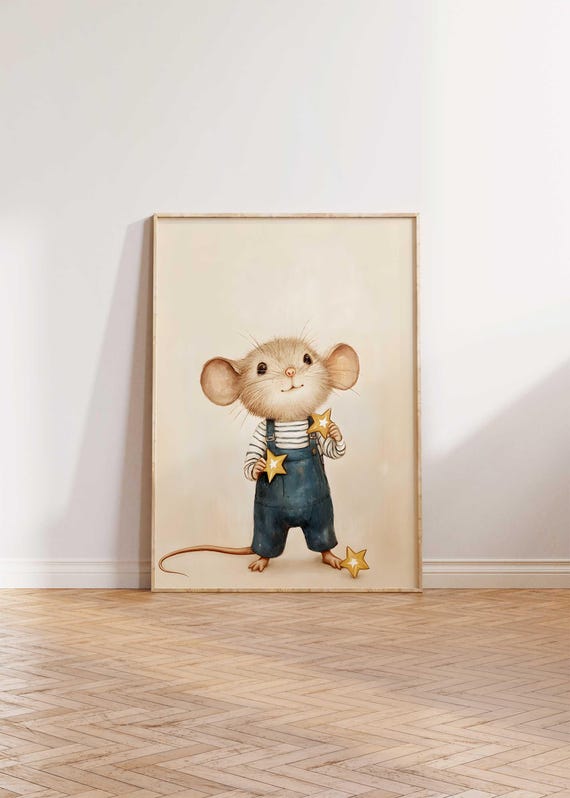 Mouse Holding Stars Wall Art Print Whimsical Nursery Decor Cute Animal Illustration For Kids Room Baby Shower Gift
