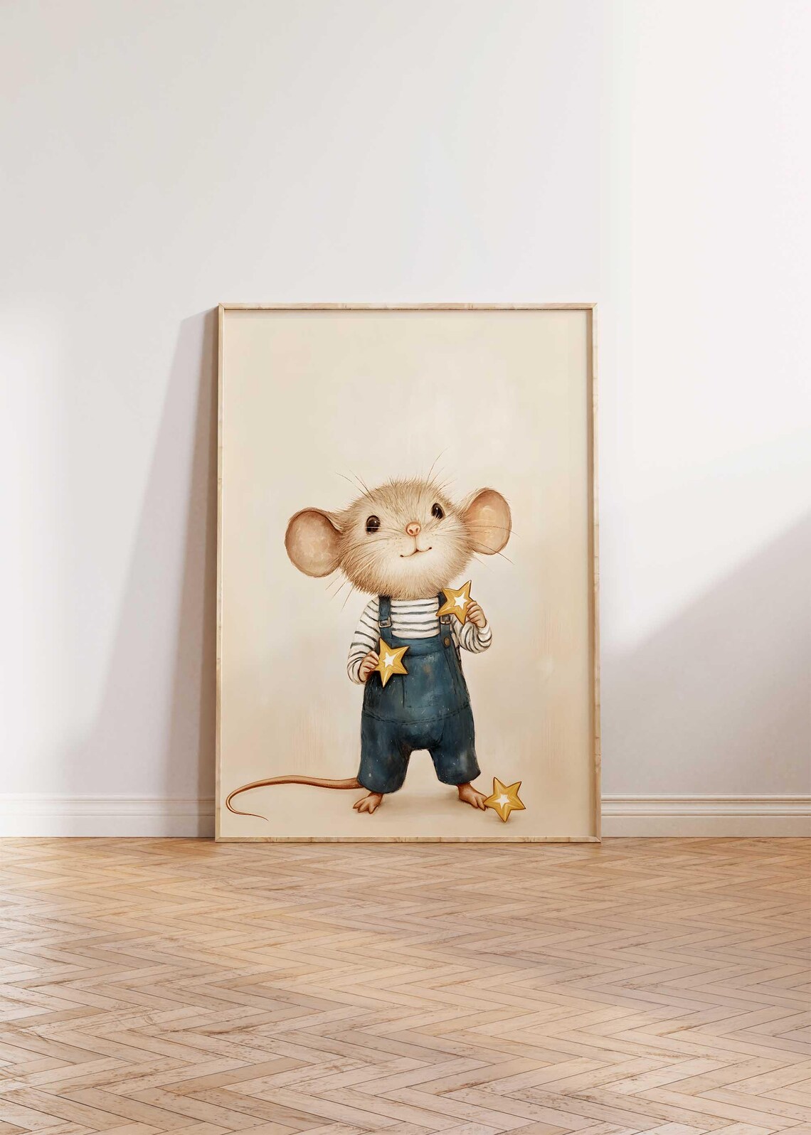 Cute Smiling Mouse Holding Golden Stars Nursery Animal Art Poster