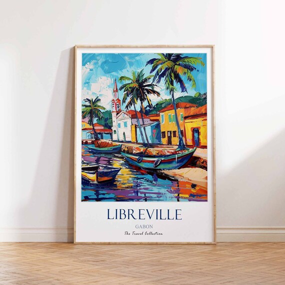 Libreville Gabon Colorful Harbor Boats Palm Trees Africa Travel Poster
