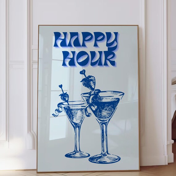 Happy Hour Retro Blue Cocktail Martini Glasses Bar Cart Wall Art