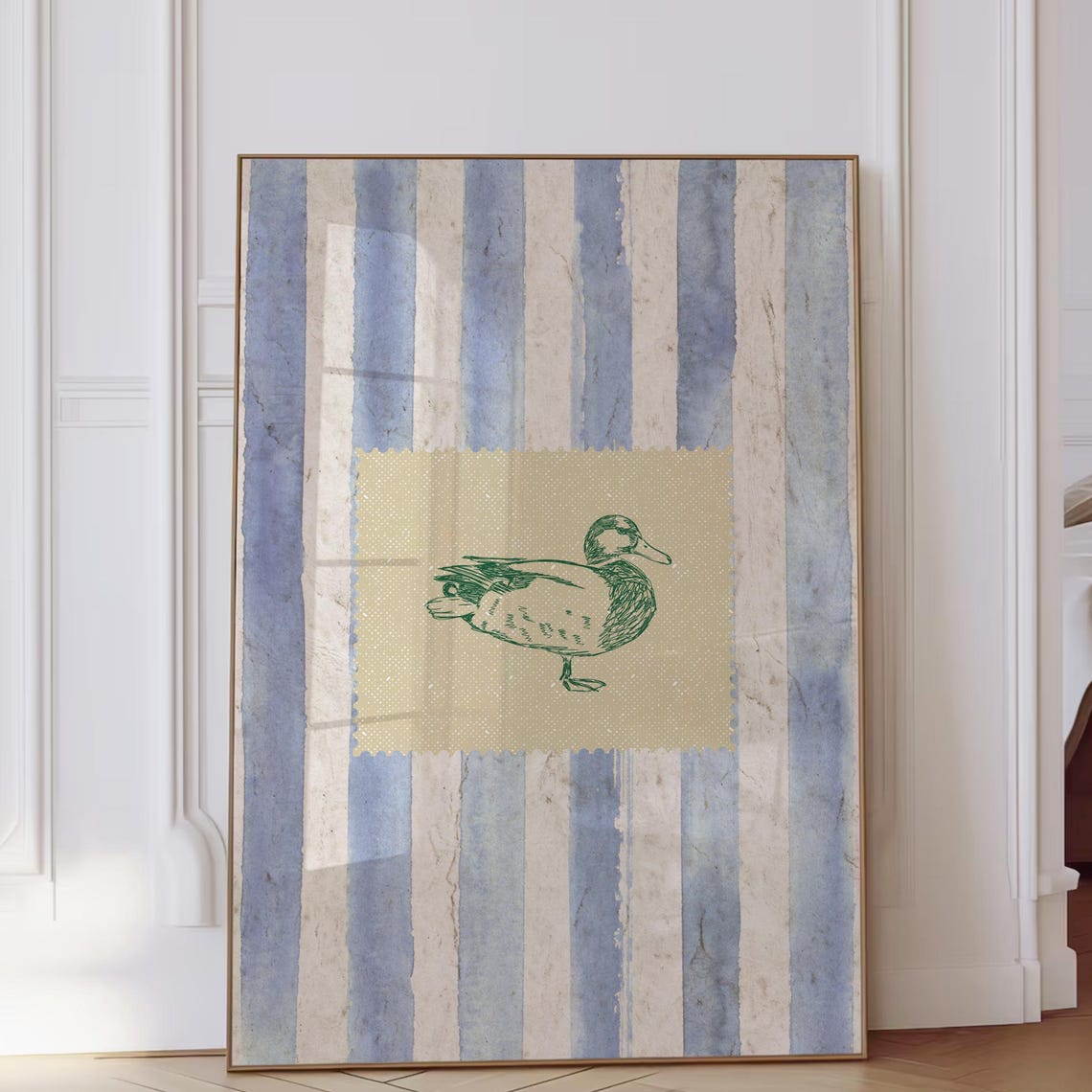 Vintage Duck Postage Stamp Blue Striped Coastal Decor Poster