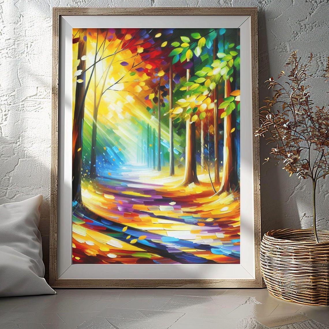 Rainbow Forest Path Sunbeams Colorful Trees Fantasy Art Poster
