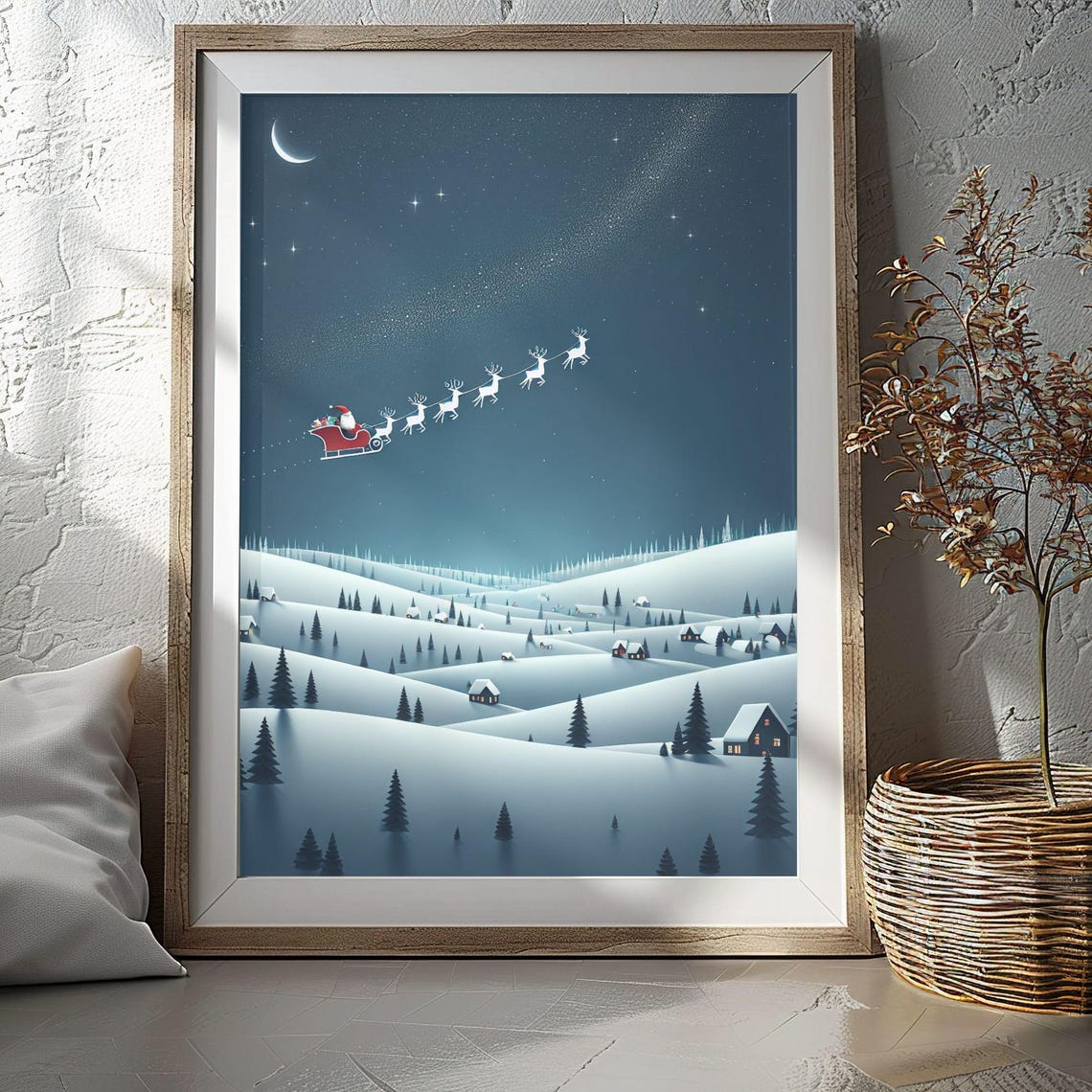 Santa Sleigh Reindeer Moonlit Snowy Hills Christmas Night Poster