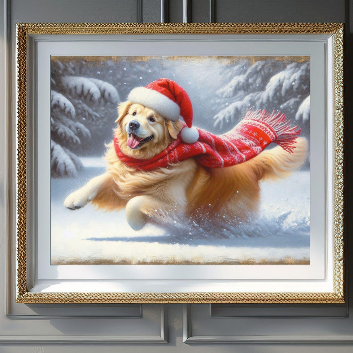 Golden Retriever Santa Hat Snow Run Red Scarf Holiday Dog Poster