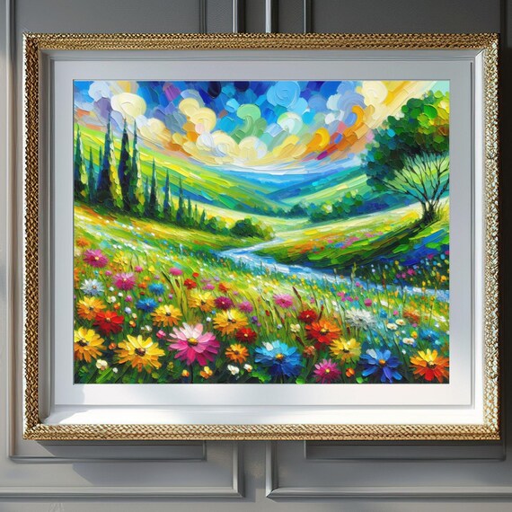 Summer Wildflower Meadow Bright Hillside Impasto Floral Poster