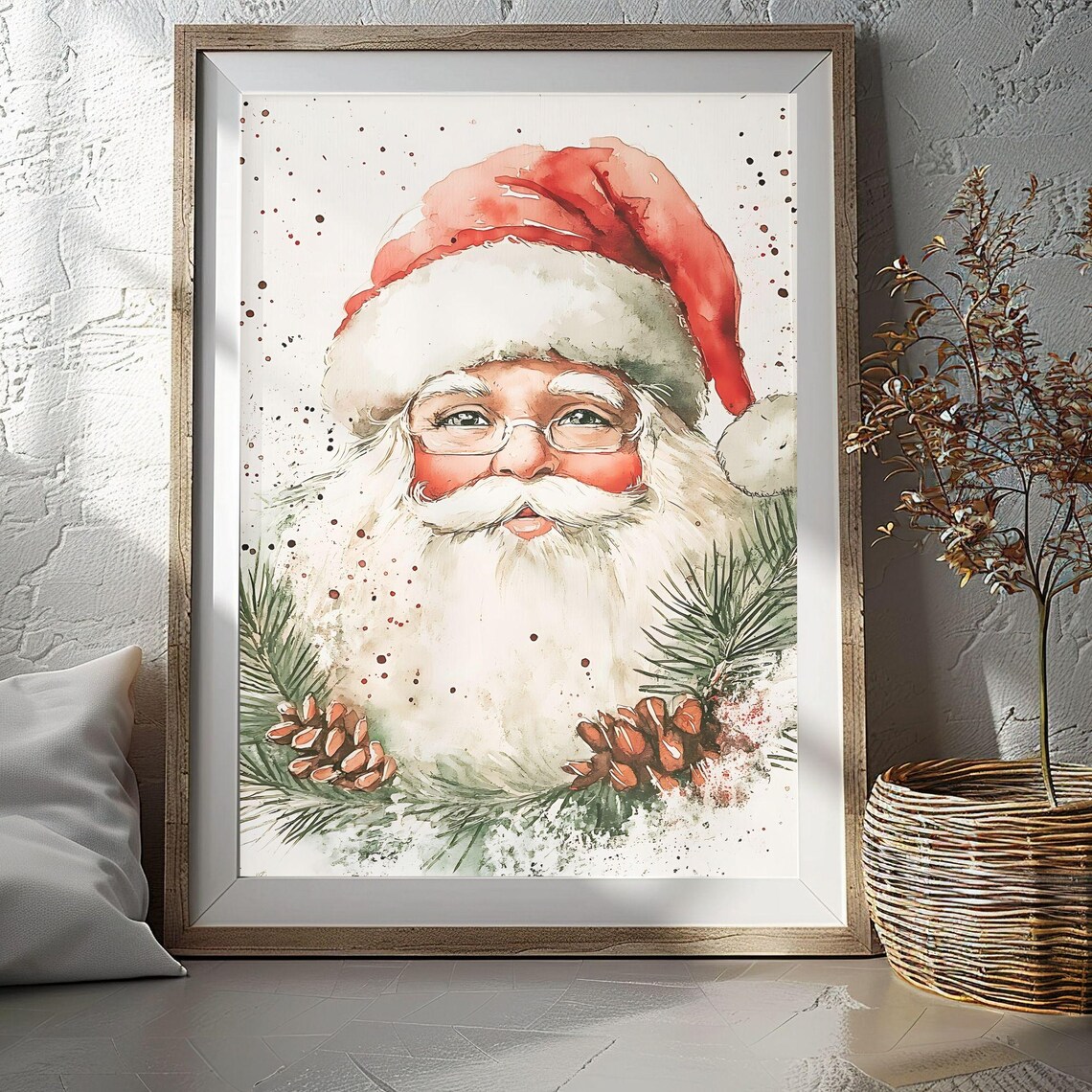 Santa Claus with Glasses Pine Sprigs Watercolor Portrait Poster