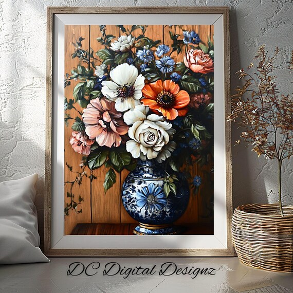 Mixed Floral Bouquet in Blue Vase Rustic Oil Still Life Poster