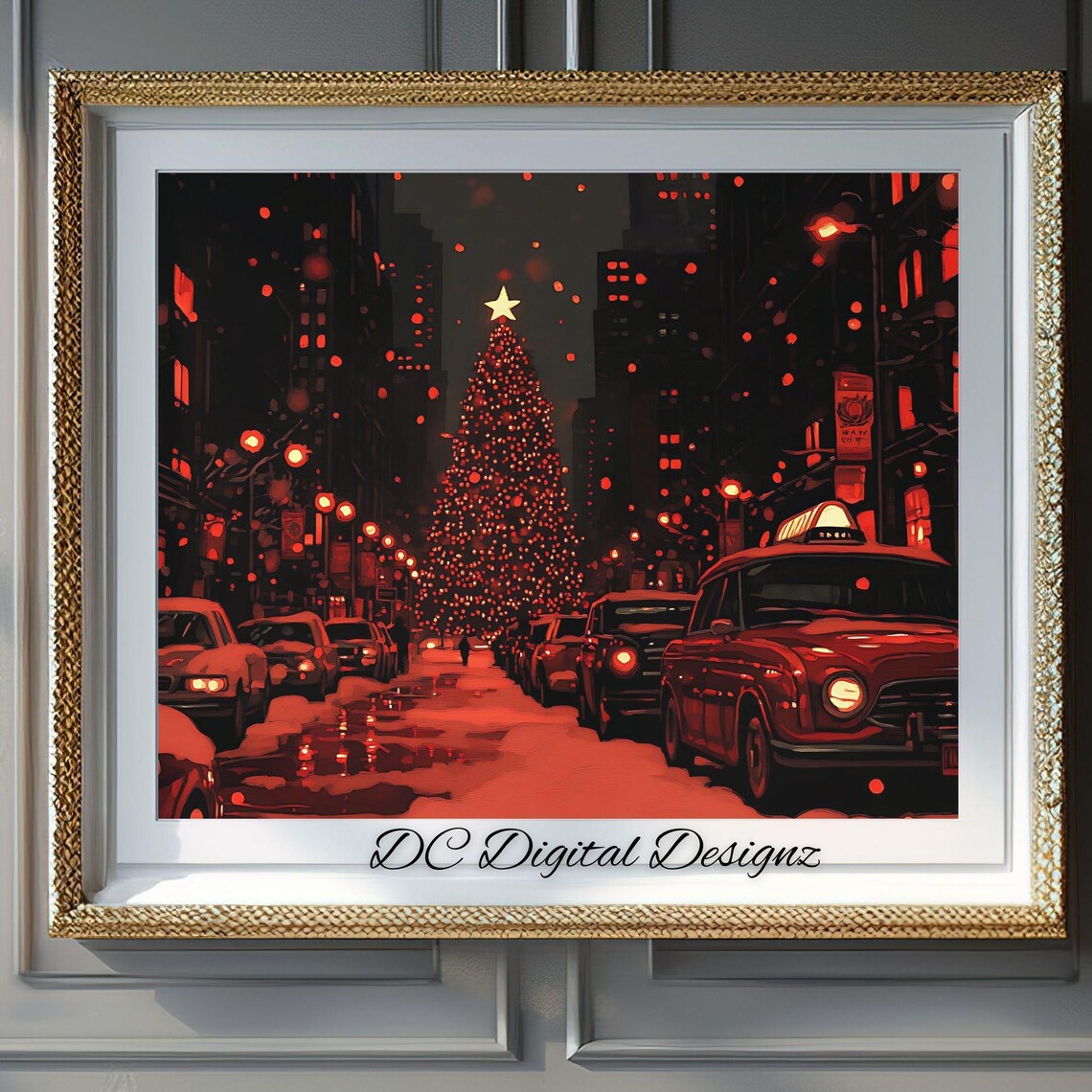 Red New York City Christmas Street Yellow Taxi Cabs Night Poster