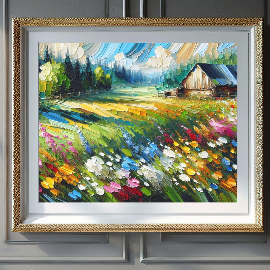Colorful Spring Wildflower Meadow Rustic Barn Impasto Painting Poster