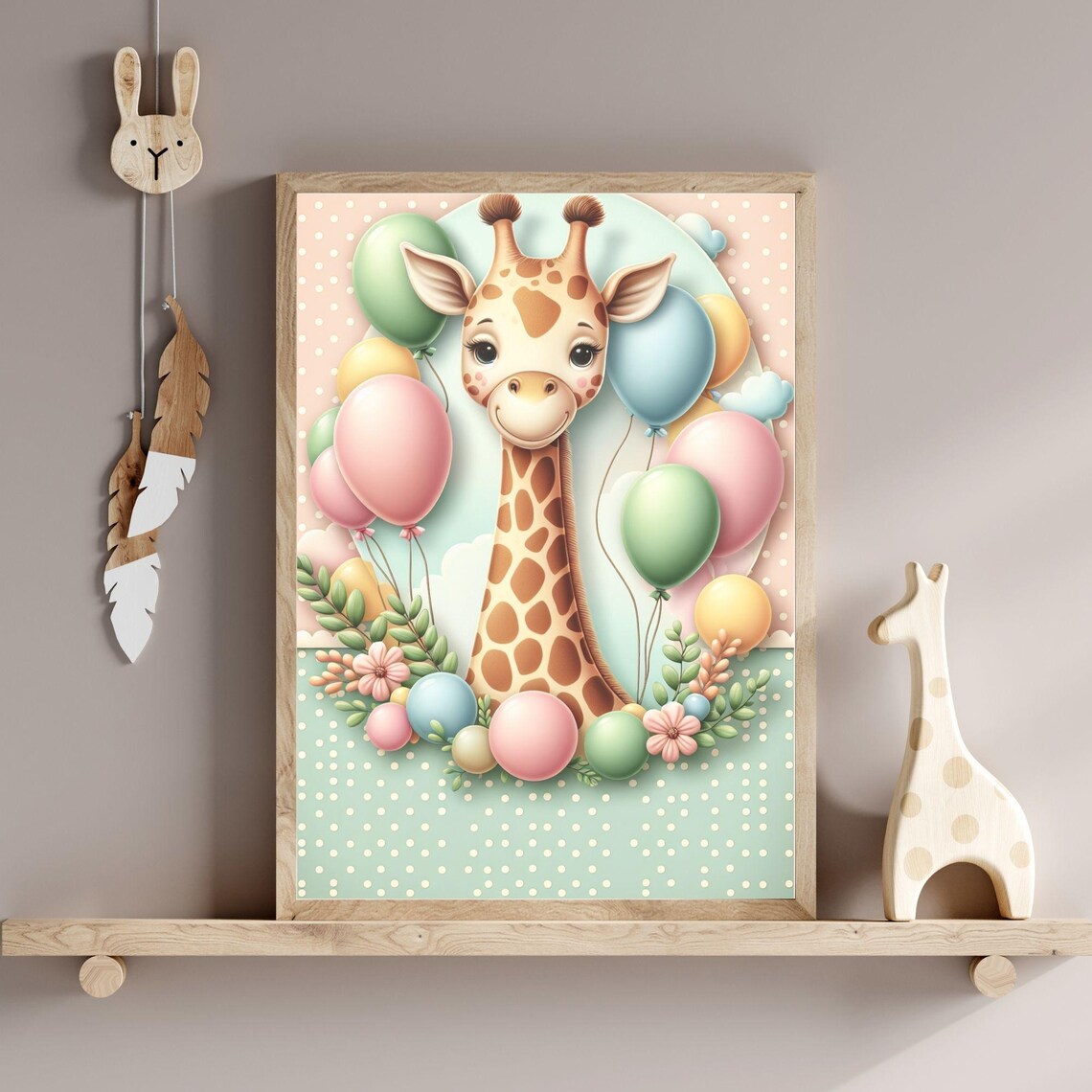 Adorable Baby Giraffe Pastel Balloon Bouquet Floral Nursery Poster