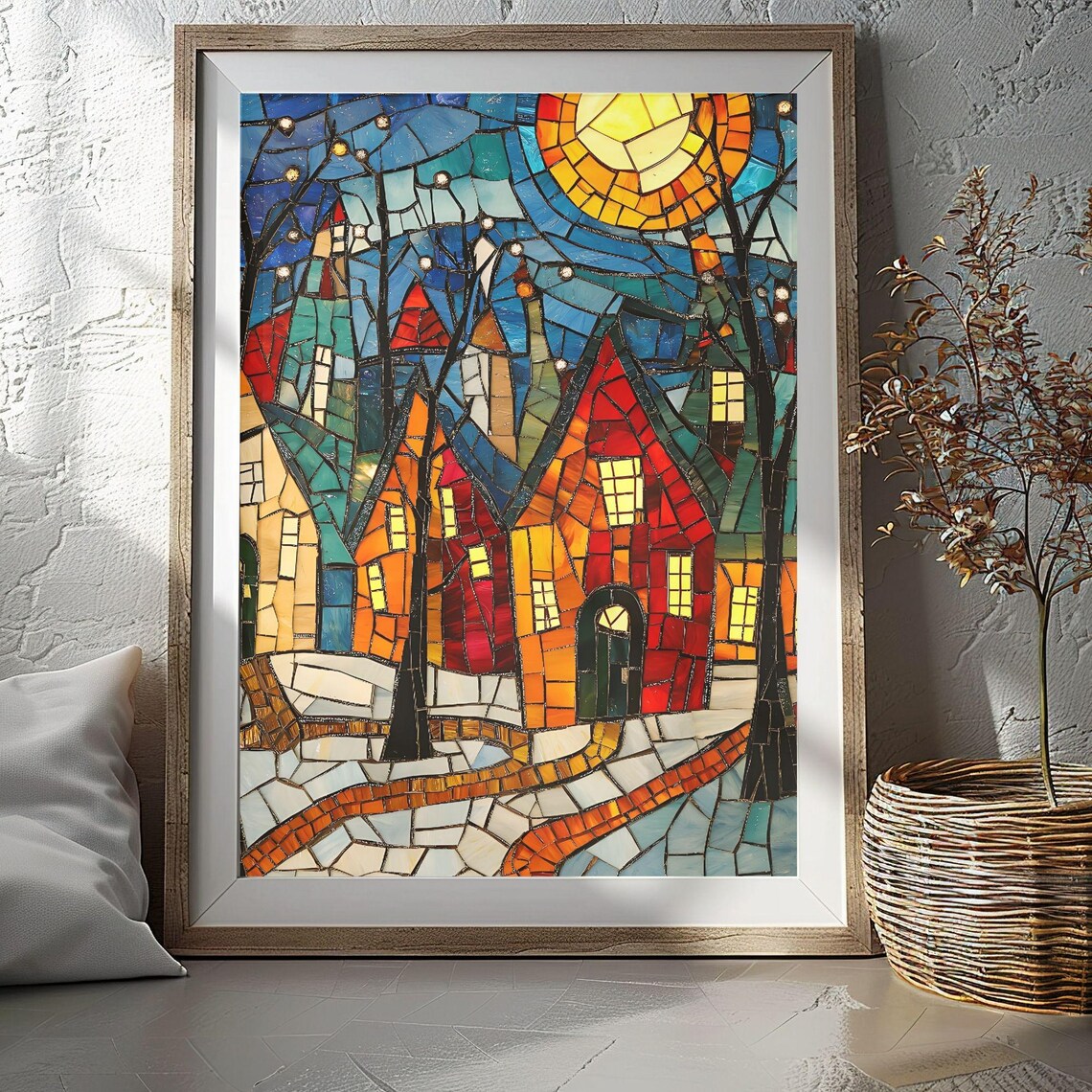 Stained Glass Mosaic Village Houses at Sunset Holiday Poster
