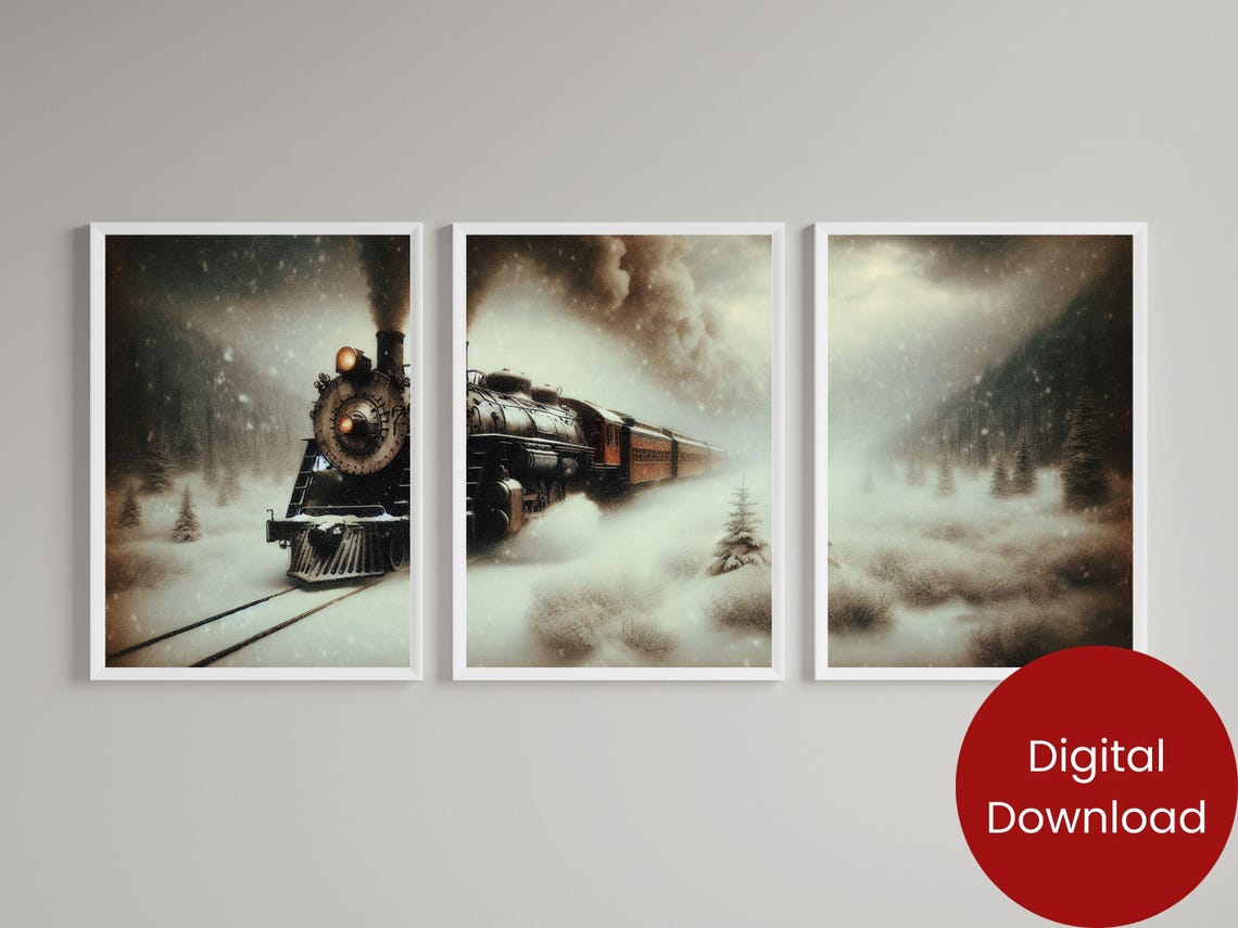 Vintage Steam Train Snow Triptych Set Sepia Winter Rail Art Poster - Image 3
