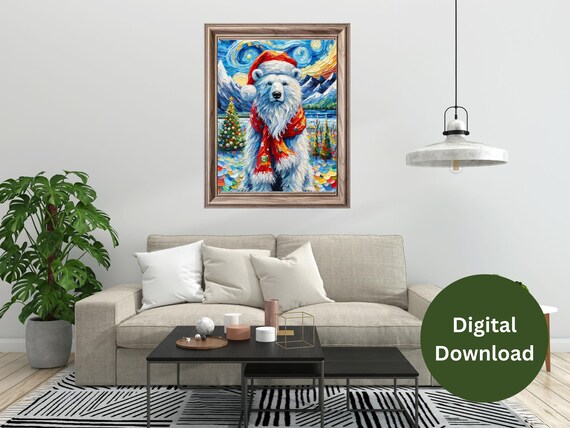 Polar Bear In Santa Hat Van Gogh Style Starry Night Winter Poster