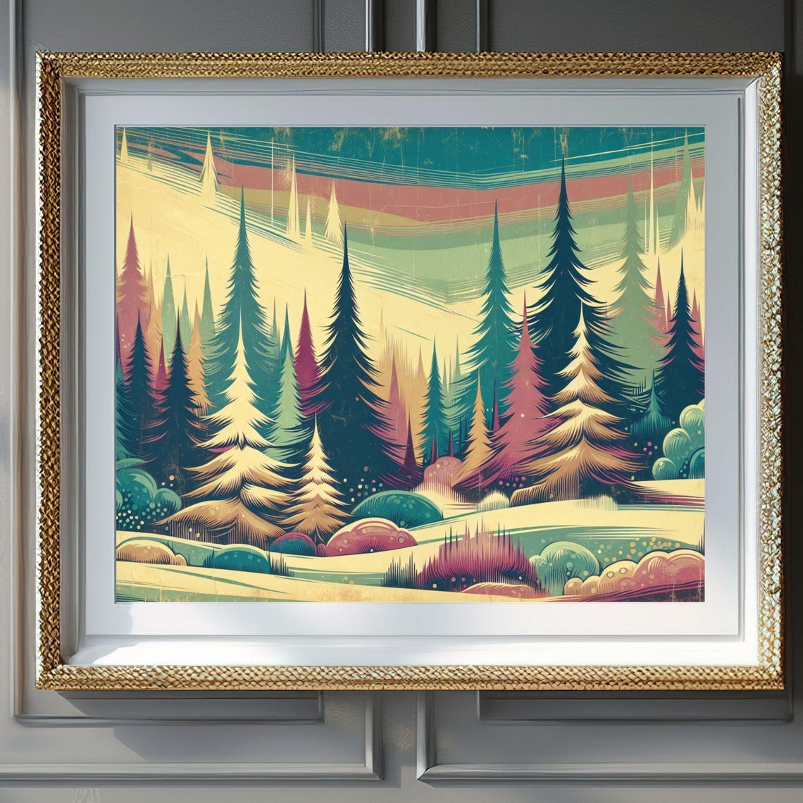 Abstract Retro Pine Trees Minimalist Forest Sunset Scene Wall Art