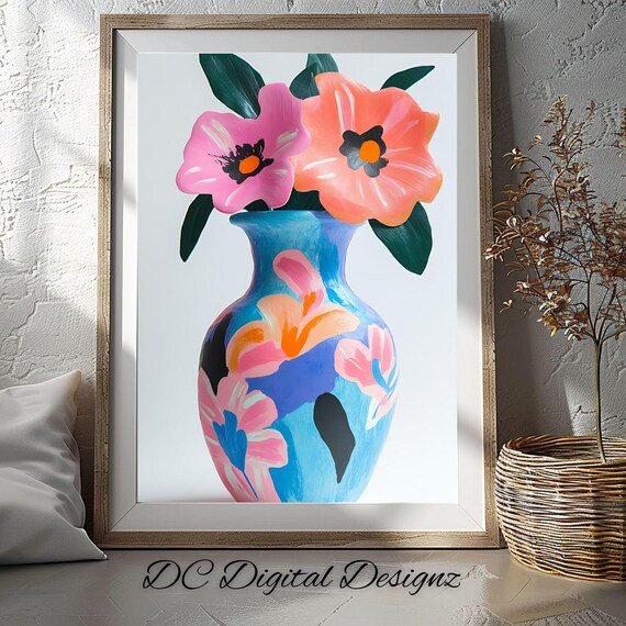 Colorful Blue Vase Pink Orange Flowers Modern Floral Art Poster