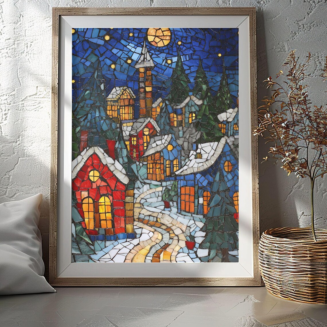 Stained Glass Snowy Christmas Village at Night Mosaic Poster