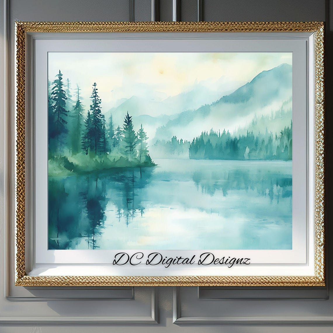 Emerald Pine Forest Lake Mirror Reflection Watercolor Poster