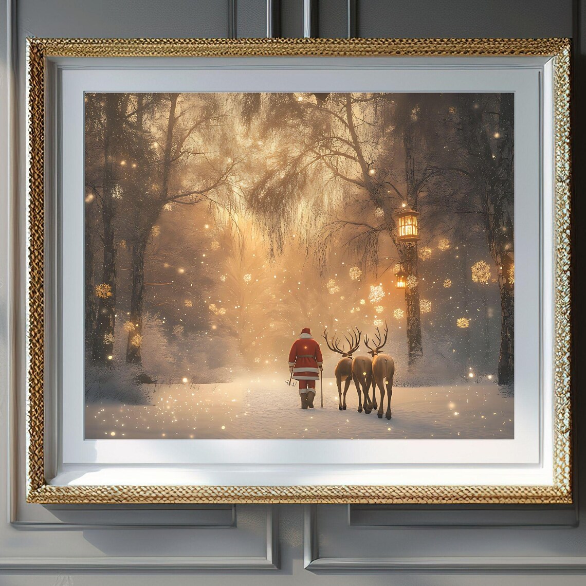 Santa Claus With Reindeer Team Snowy Golden Forest Night Poster