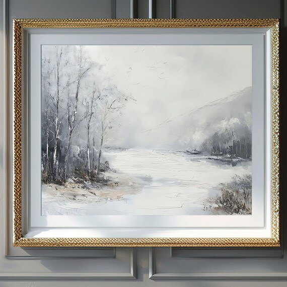 Minimalist White Winter Lake with Birch Trees Textured Poster