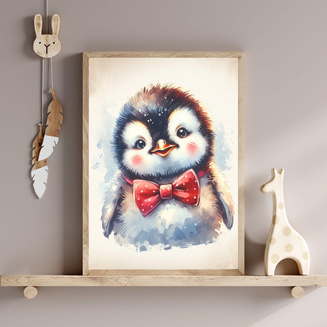 Baby Penguin Red Bow Tie Watercolor Cute Nursery Kids Poster