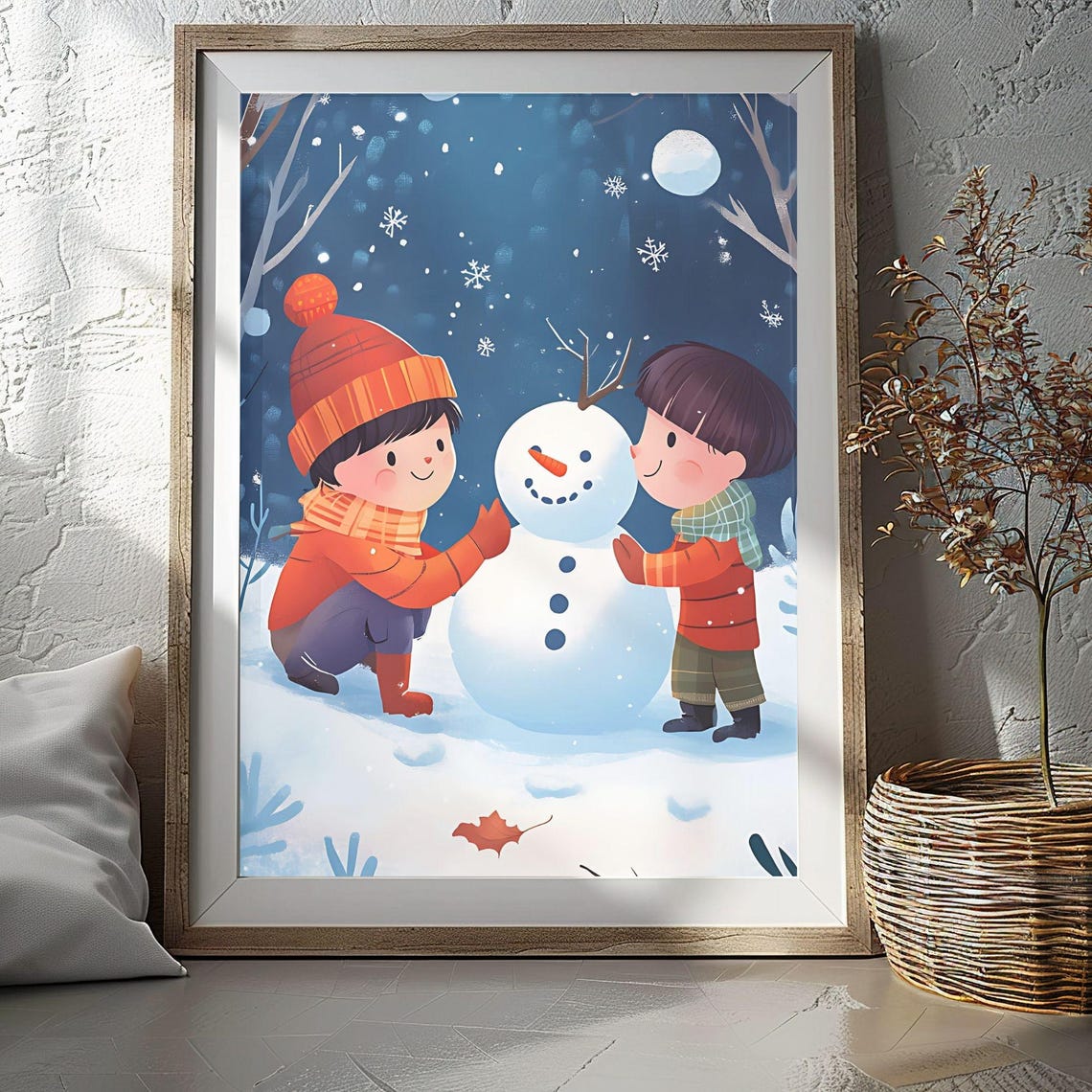 Two Kids Building Snowman Night Snowfall Moon Winter Scene Poster