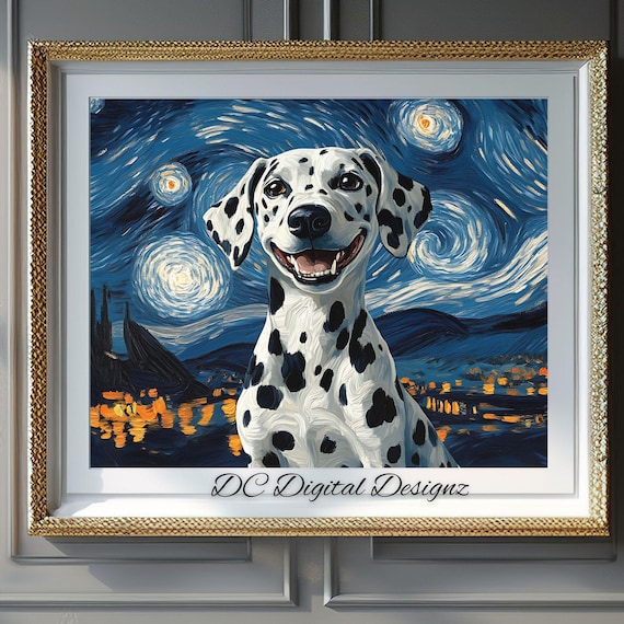 Joyful Dalmatian Starry Night Sky Cheerful Dog Portrait Poster