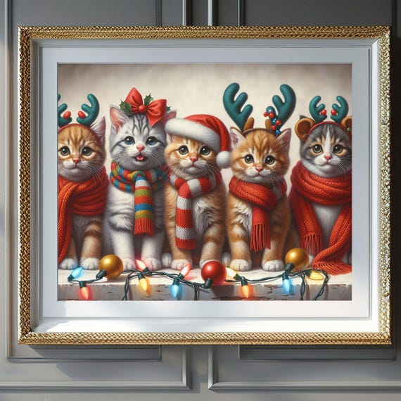 Christmas Wall Art Wall Art 5 Cute Kittens In Christmas Hats Lights Holiday Home Decor Christmas Gift Idea