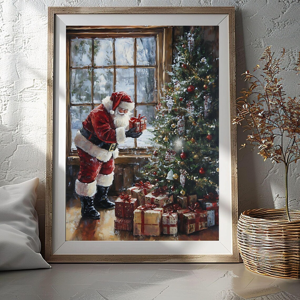 Santa Claus Delivering Presents Christmas Tree Cozy Night Poster