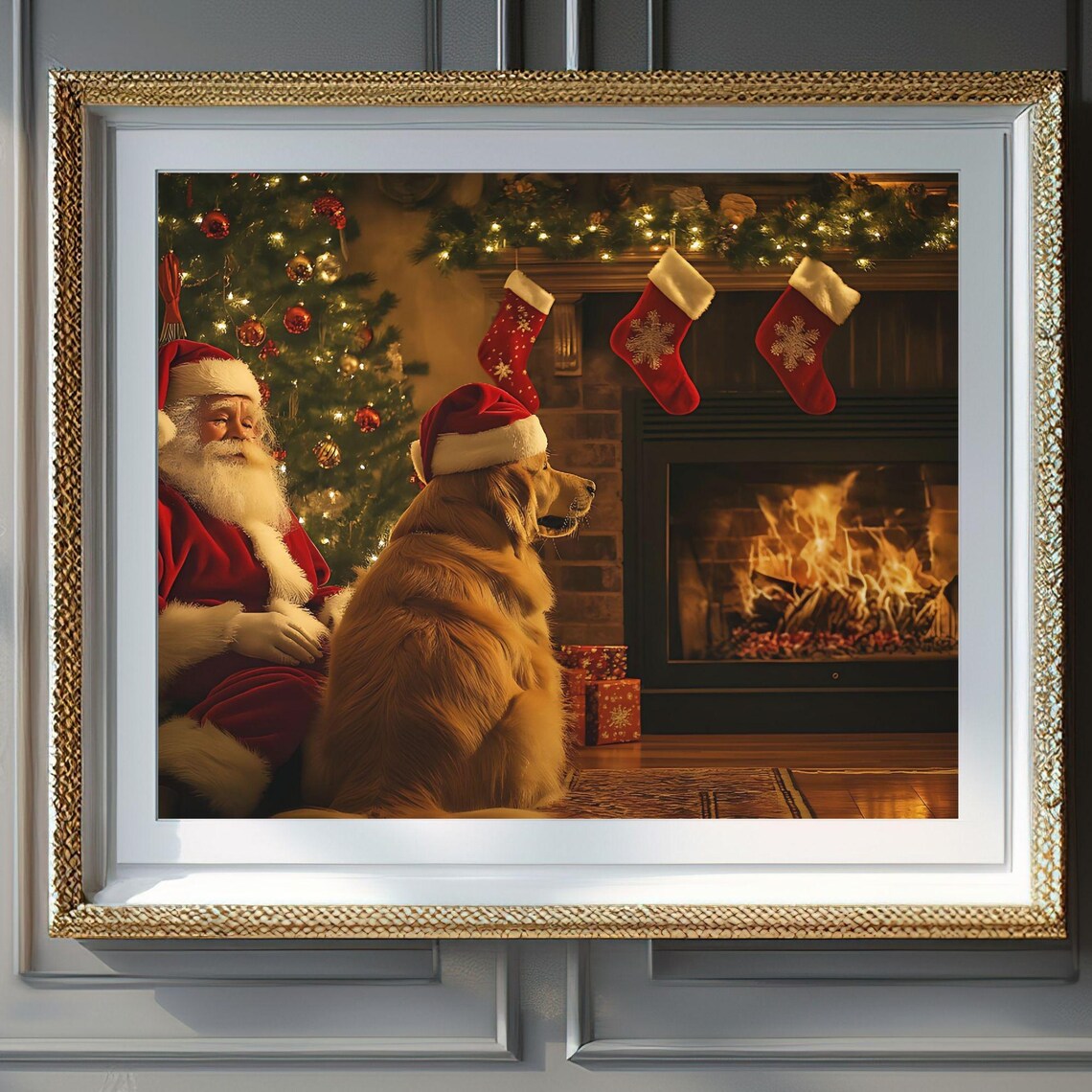 Santa Claus And Golden Retriever Puppy By Fireplace Christmas Poster