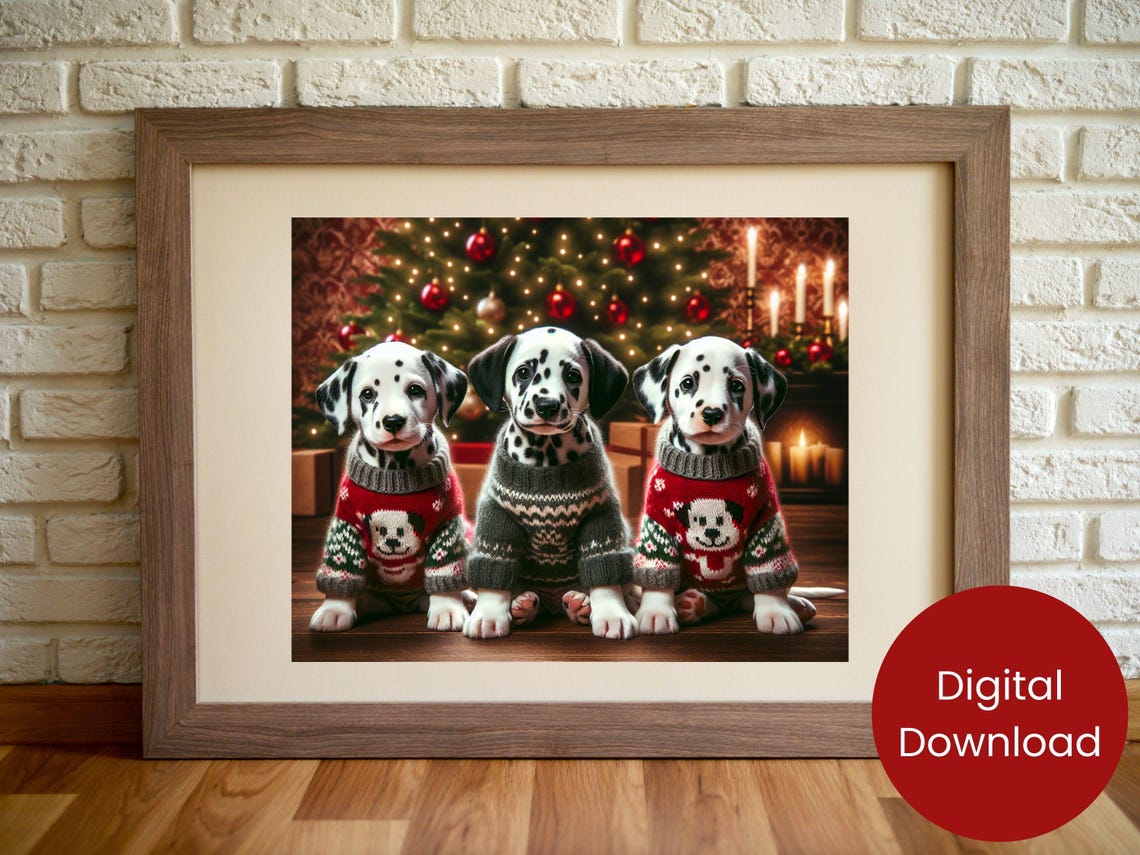 Three Dalmatian Puppies In Christmas Sweaters Holiday Tree Poster
