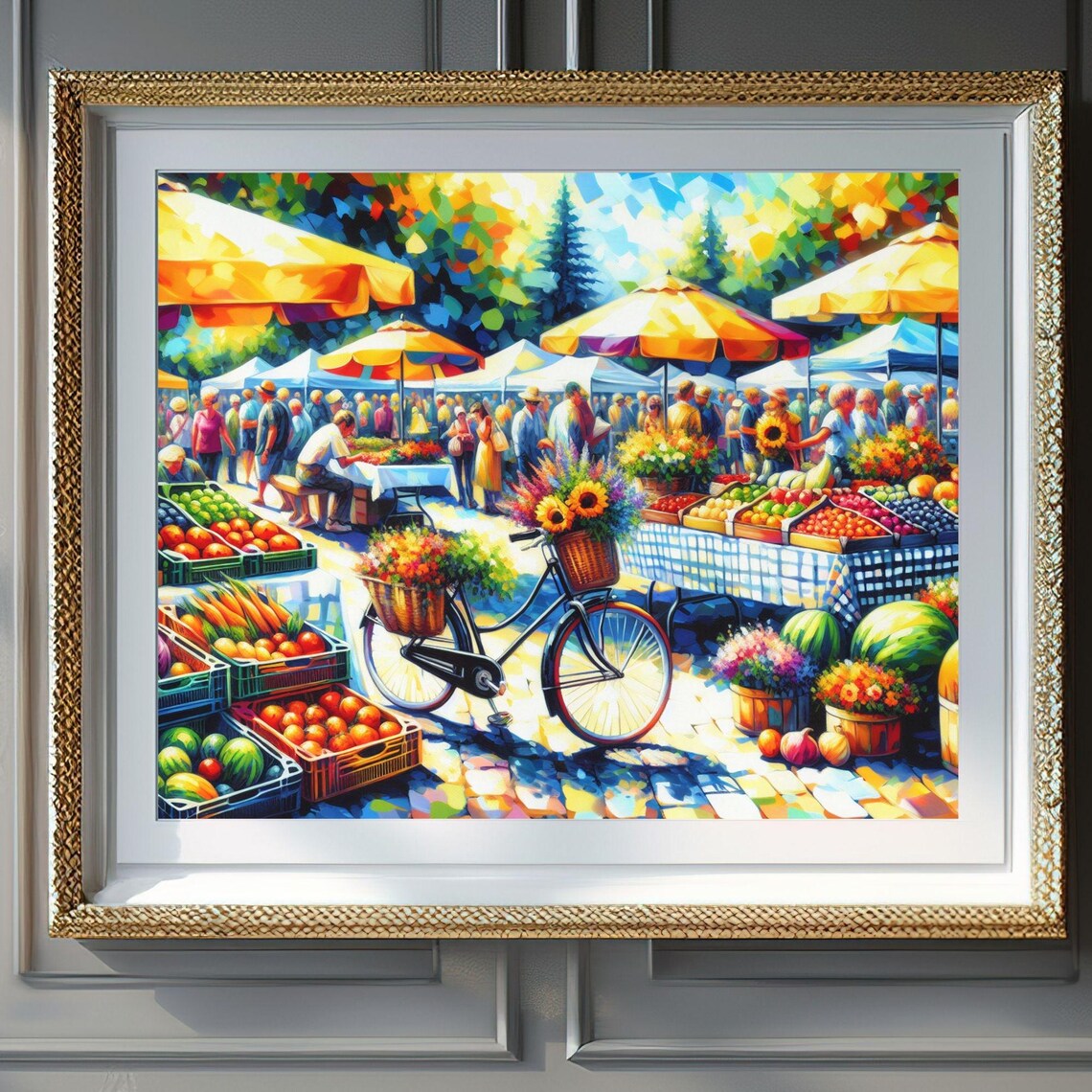 Summer Farmers Market Bicycle Umbrellas Produce Stalls Poster