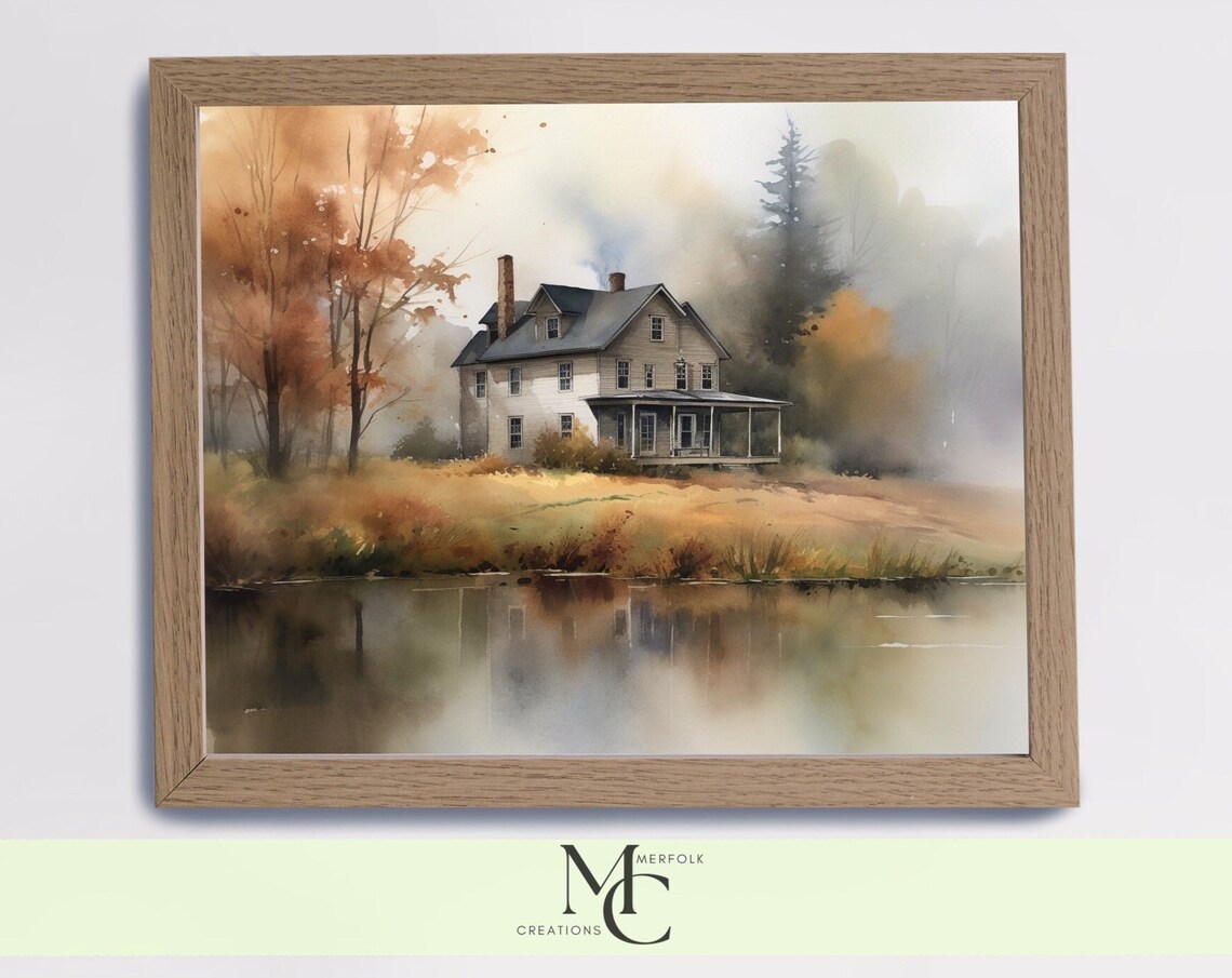 Farmhouse by a Still Lake in Autumn Watercolor Landscape Poster