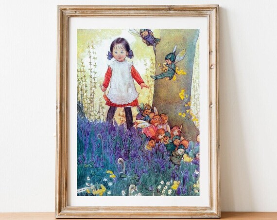 Bluebell Wood Girl Meeting Fairies Vintage Children's Book Nursery Print