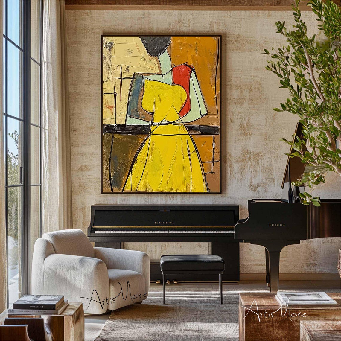 Abstract Woman Yellow Dress Elongated Golden Canvas Art Poster - Image 4