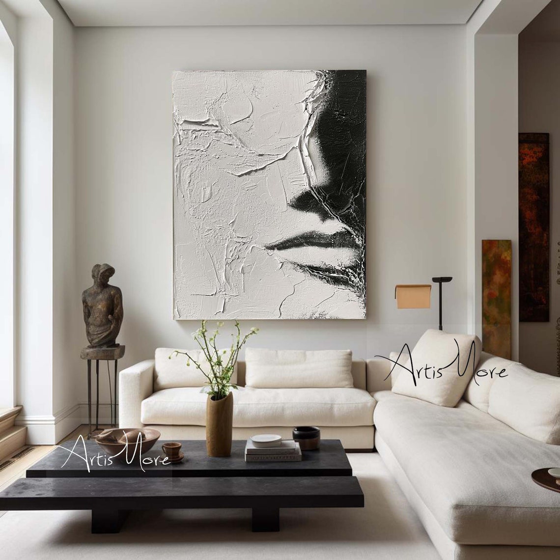 Black White Faceless Woman Profile Plaster Texture Canvas Poster - Image 2