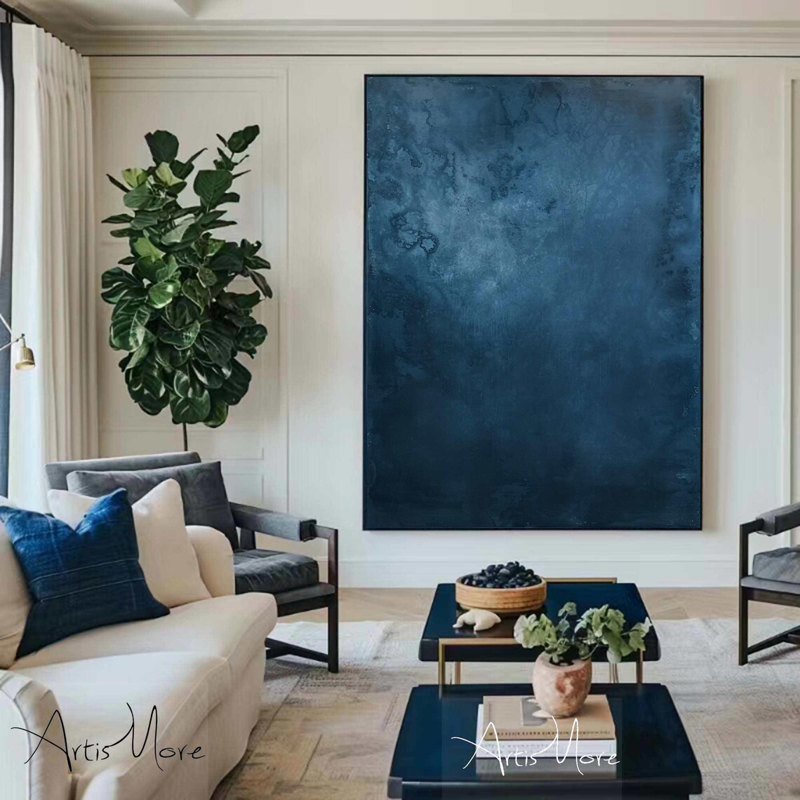 Deep Navy Blue Abstract Texture Painting Dark Midnight Modern Minimalist Wall Art - Image 5