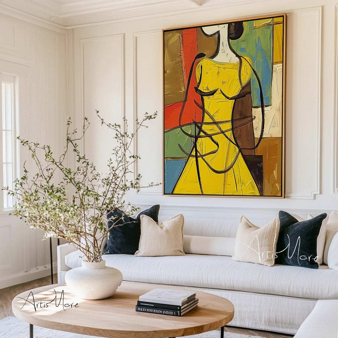 Faceless Abstract Woman Yellow Dress Cubist Modern Canvas Poster - Image 2