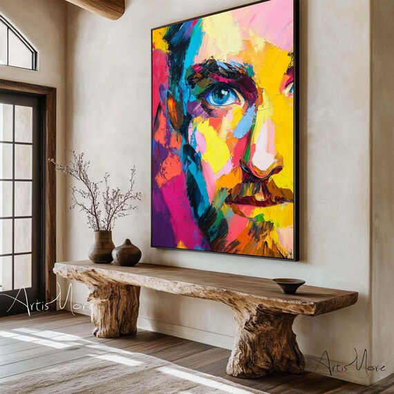 Colorful Pop Art Man Face Abstract Portrait Neon Canvas Art Poster