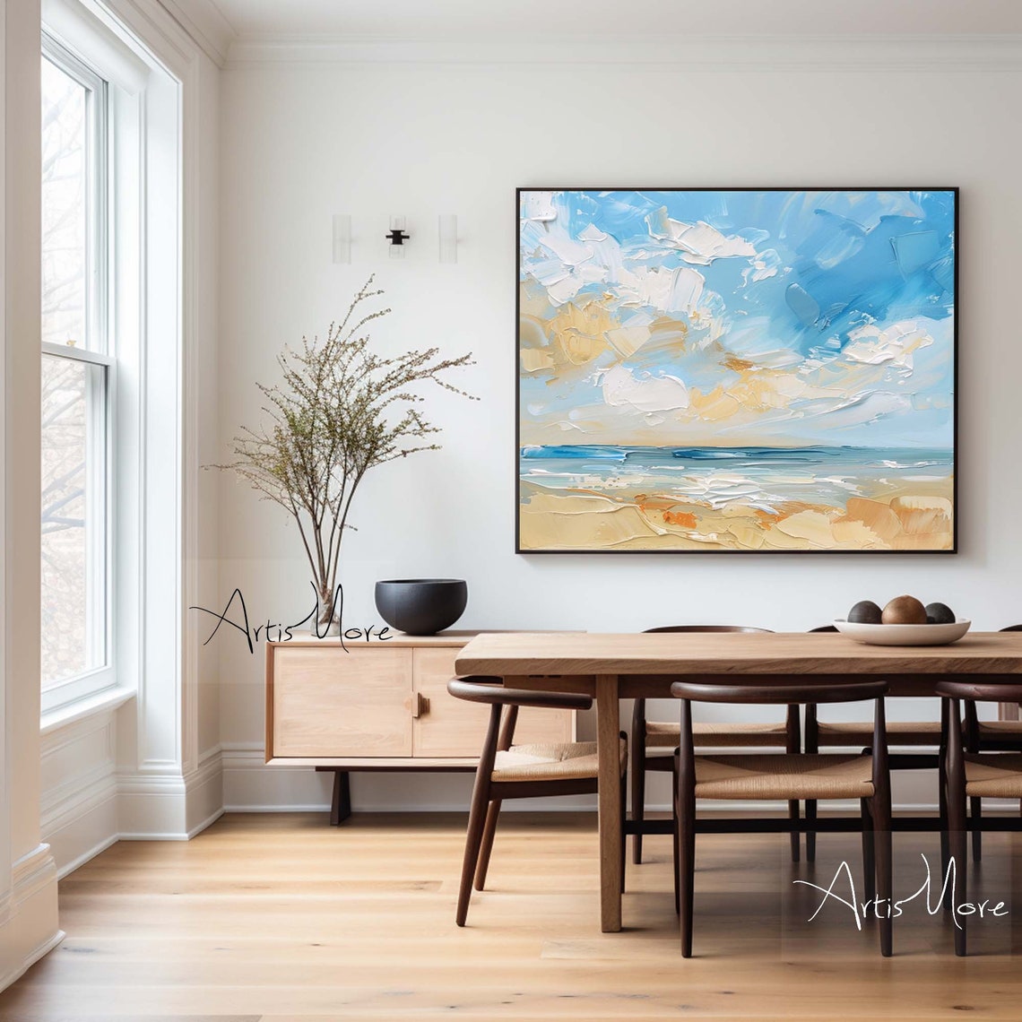 Abstract Beach Painting Blue Cloudy Sky Beige Sand Coastal Wall Art - Image 3