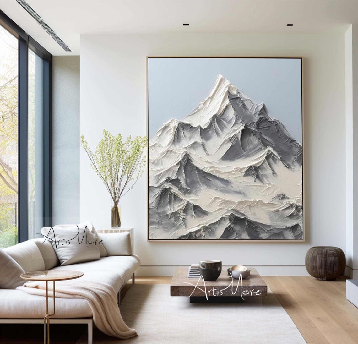 Abstract Mountain Texture Painting On Large Blue Wall Art White 3d Snow Mountain Texture Wall Art Modern Living Room Wall Art Decor - Image 2