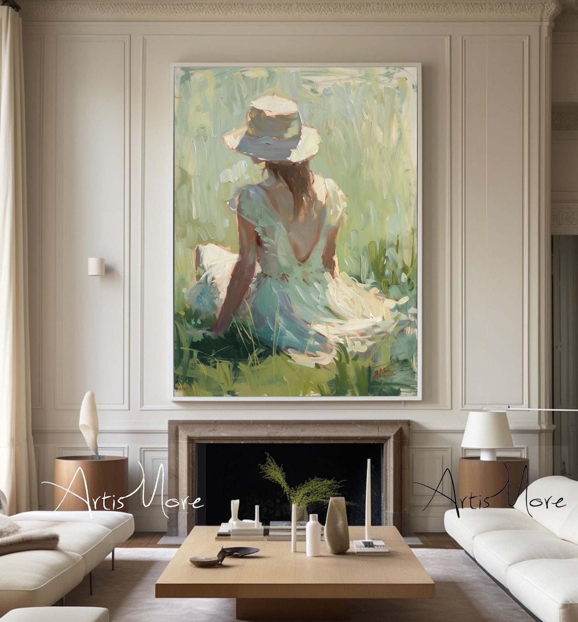 Woman in White Hat Sunlit Meadow Impressionist Figure Painting Large Wall Art - Image 3