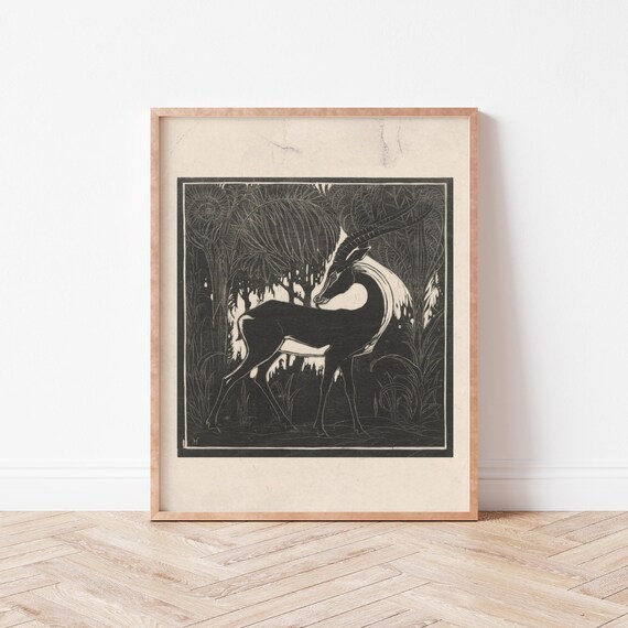 Vintage Black White Gazelle Print Wall Art Boho Decor Eclectic Animal Wild Violets An0056