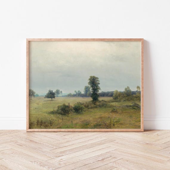 Green Field With Trees Art Print Serene Home Decor Vintage Landscape Wild Violets La0013