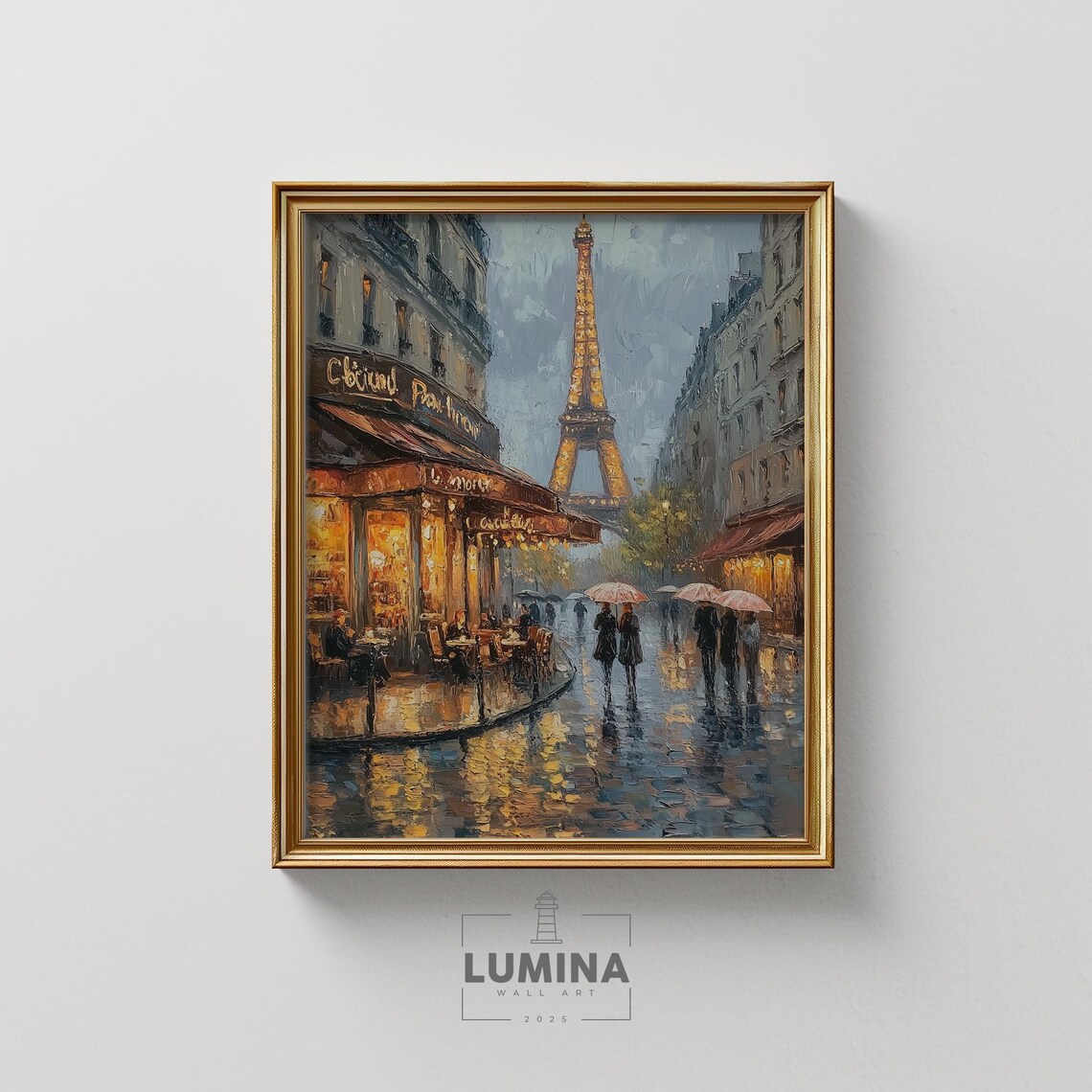 Paris Eiffel Tower Rainy Cafe Street Moody Oil Painting Art Poster