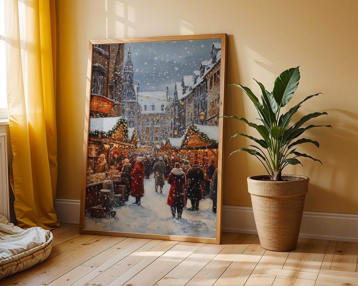 Festive Christmas Market in Falling Snow Vintage Holiday Street Scene Poster