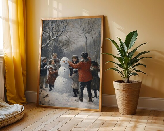 Joyful Children Building Snowman Vintage Winter Scene Art Poster